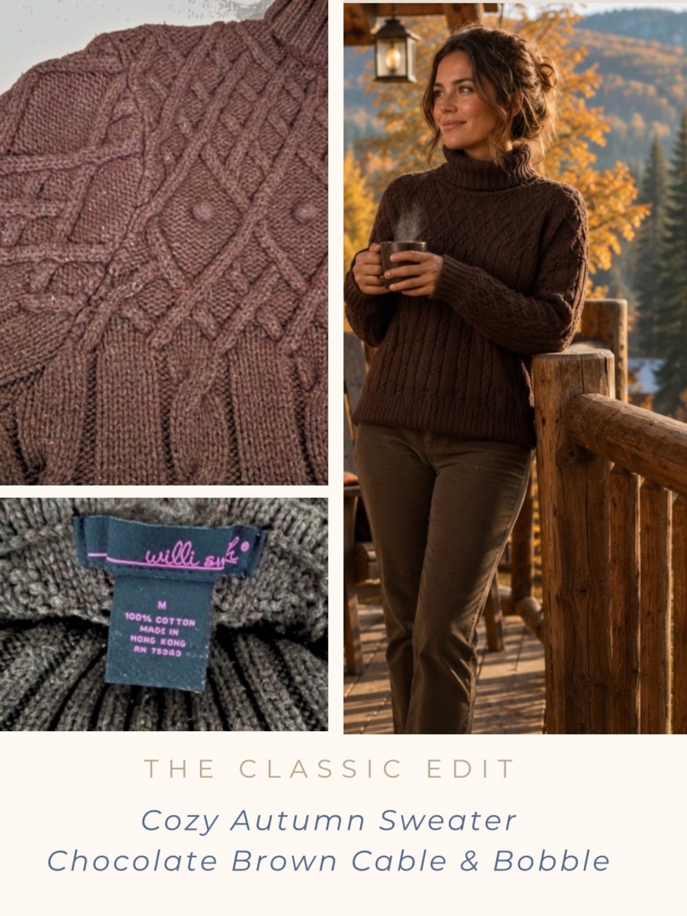 Willi Smith | Cable and Bobble Knit Cotton Sweater | Chocolate Brown | Cozy Fall
